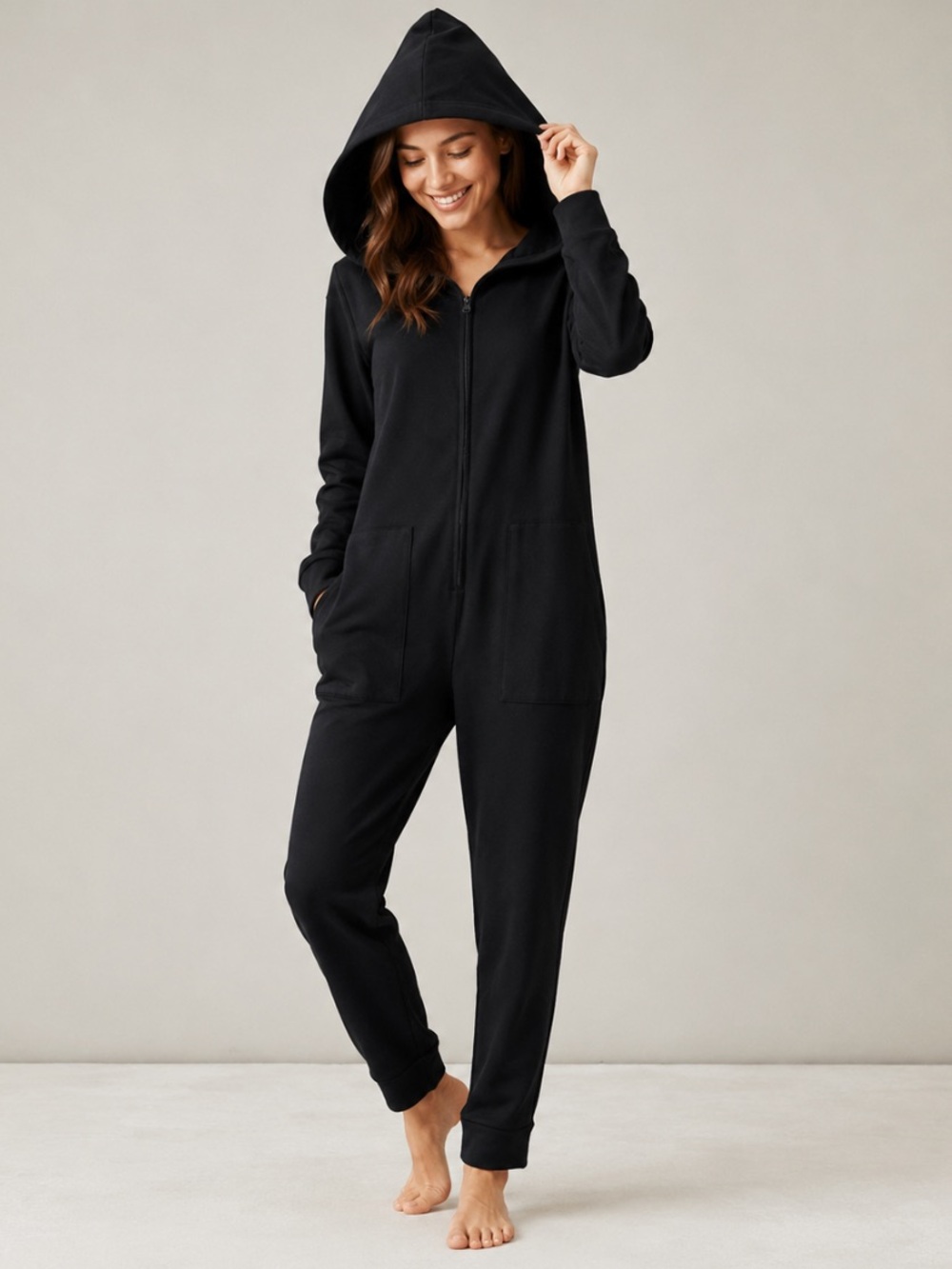 JH x Smash + Tess Jilly Jogger Romper Black Hooded Zip Jumpsuit Size S